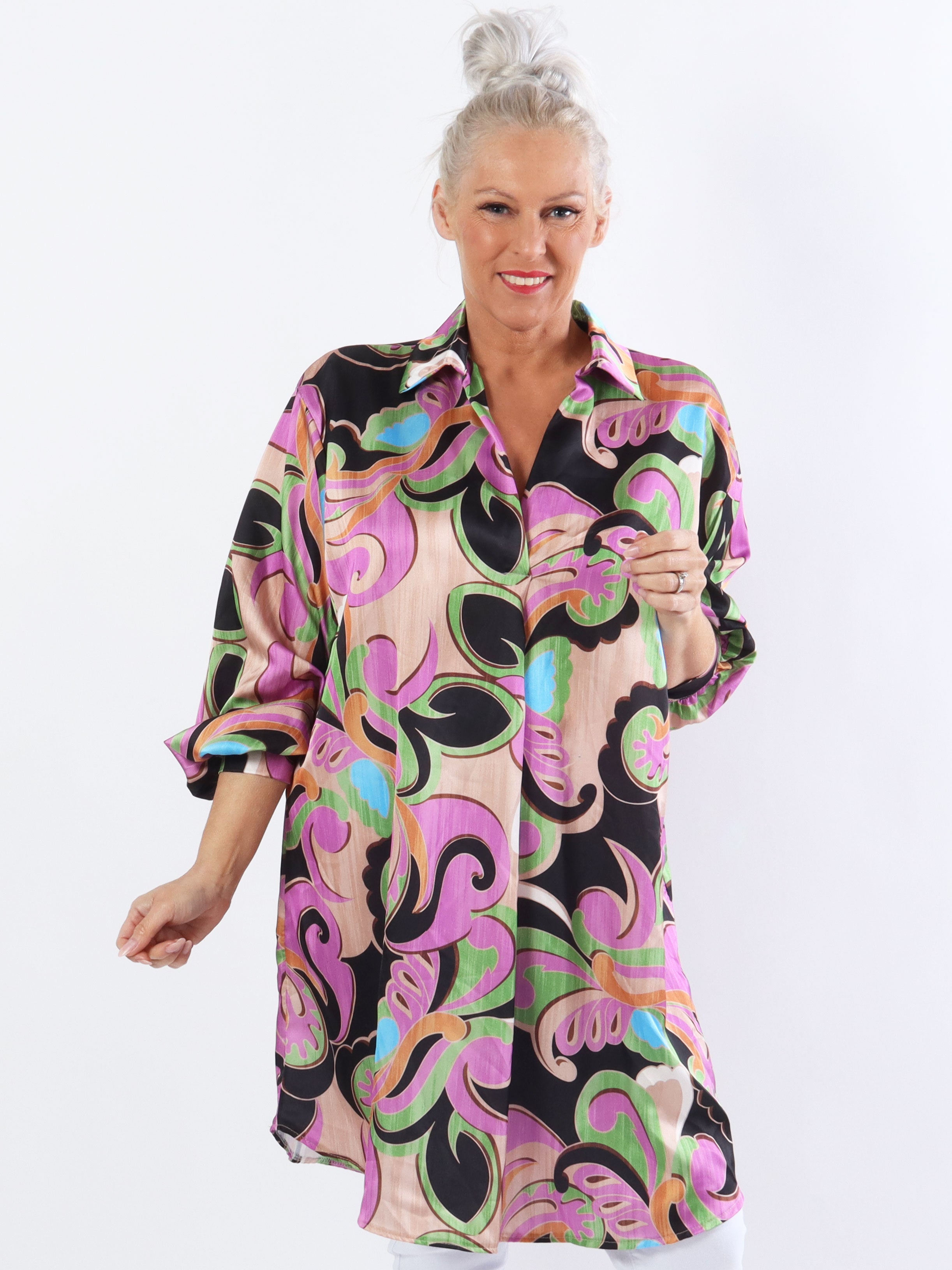 Happy Dress - Flerfarvet plus size skjortekjole i silkelook